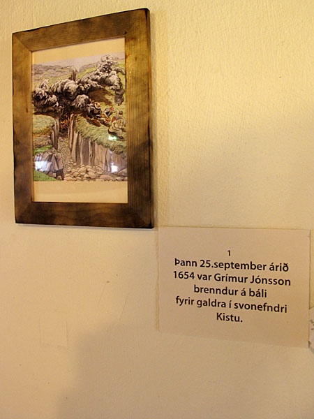 Djúpavík. Exhibition: Ómar Smári Kristinsson and Nína Ivanova - "25". - "On 25th September 1654, Grímur Jónsson was burned on the fire in Kista for witchcraft." (18 July 2010)