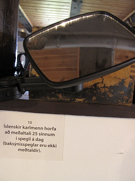 Djúpavík. Exhibition: Ómar Smári Kristinsson and Nína Ivanova - "25". - "Icelandic men look at themselves in a mirror 25 times a day (side view mirror is not included)." (18 July 2010)