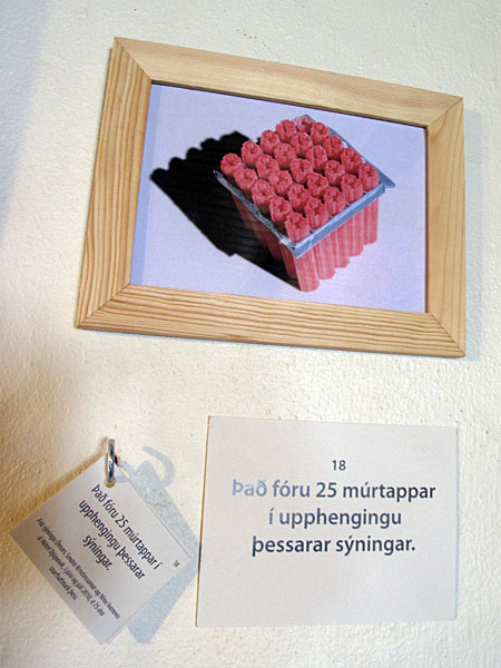 Djúpavík. Exhibition: Ómar Smári Kristinsson and Nína Ivanova - "25". - "25 wall plugs have been used in putting up this exhibition." (18 July 2010)