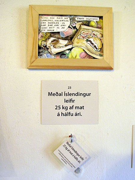 Djúpavík. Exhibition: Ómar Smári Kristinsson and Nína Ivanova - "25". - "The average Icelander leaves 25 kg of food after meals in half a year." (18 July 2010)