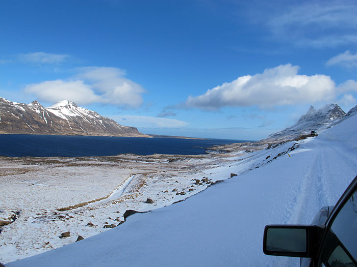 Djúpavík. One day longer in Djúpavík. - Blue sky and sunshine. Driving home, but we had to drive back to Djúpavík because the road was not passable of too much snow some kilometer later. (14 till 18 April 2011)