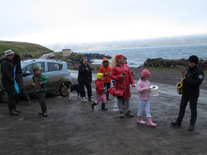 Djúpavík. National holiday 17 June 2011. - Meeting place infront of the hotel. And Magga plays saxophone again. (17 June 2011)