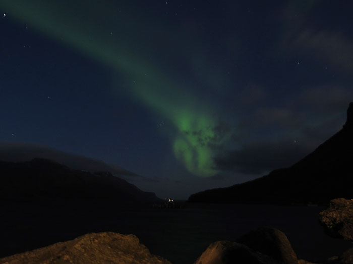 Djúpavík. Green clouds (northern lights). - ... but who is this? (10 September 2011)