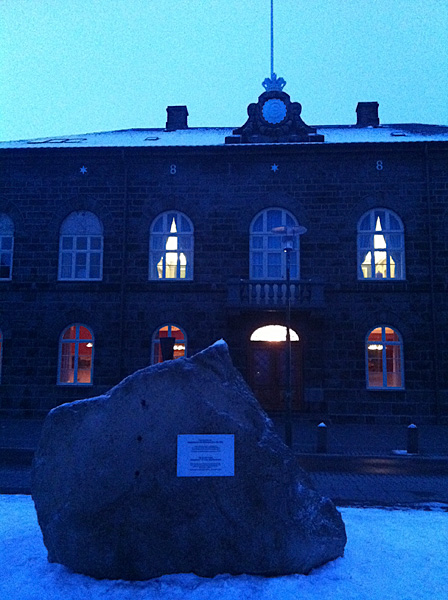 Reykjavík. Miscellaneous XXXX. - 22 Jan 2012: THE BLACK CONE, MONUMENT TO CIVIL DISOBEDIENCE -"When the government violates the rights of the people, insurrection is for the people and for each portion of the people the most sacred of rights and the most indispensable of duties." - Declaration of the Rights of Man and Citizen (1793). More details about this stone in front of the icelandic parliament Alþingi and the artist Santiago Sierra <a href='http://www.artmuseum.is/desktopdefault.aspx/tabid-2185/3362_read-29977/' target='_blank' class='linksnormal'>here</a>. (22 till 31 January 2012)