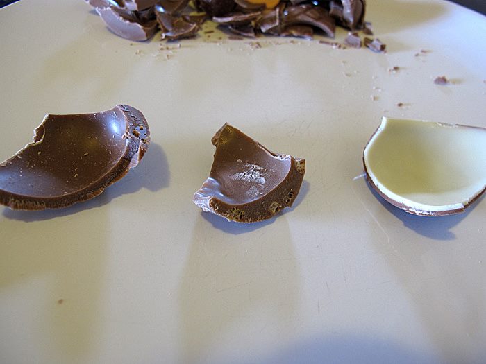 Reykjavík. The big easter (chocolate) egg contest. - Egg 1, 2, 3 (from left to right): Here you see the different thickness of each egg. Egg 1 and Egg 2 have different thickness, some parts of these eggs were much thinner, too. Egg 3 is 'perfect'. (Easter 2012)