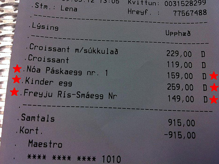 Reykjavík. Der grosse Schokoladen-Ostereier Test. - Der Einkaufszettel. Alle drei Eier sind hier aufgelistet. (Ostern 2012)