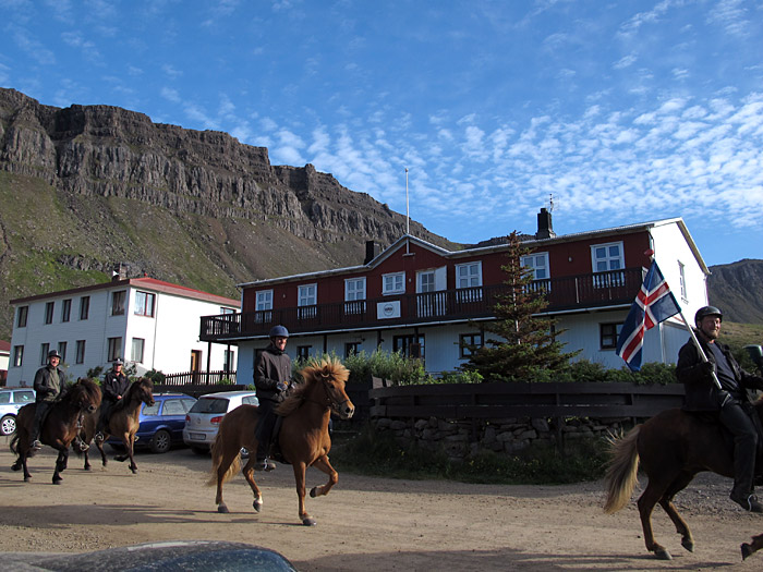 Djúpavík. Verschiedenes XXXXVI. - Sehr seltene Gäste in Djúpavík: Pferde. Wobei ich die Wolken etwas spannender finde ;-). (10. bis 18.07.2012)