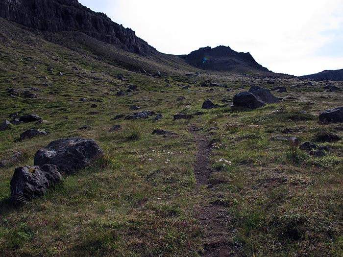 Djúpavík. Hiking, but only a short hike: up to the waterfall. - Here it goes up to the Djúpavík waterfall - the small part without steep cliffs. (6 August 2012)