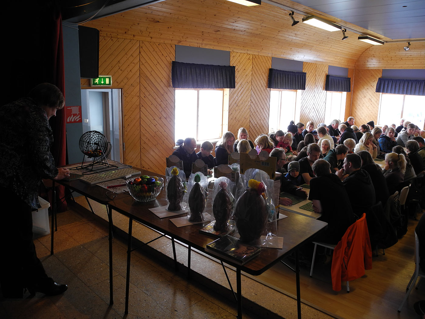 Djúpavík. Around Easter in Djúpavík. Saturday. II. - The yearly BINGO game at Easter in Árnehreppur. Last preparations, and a full house! (30 March 2013)