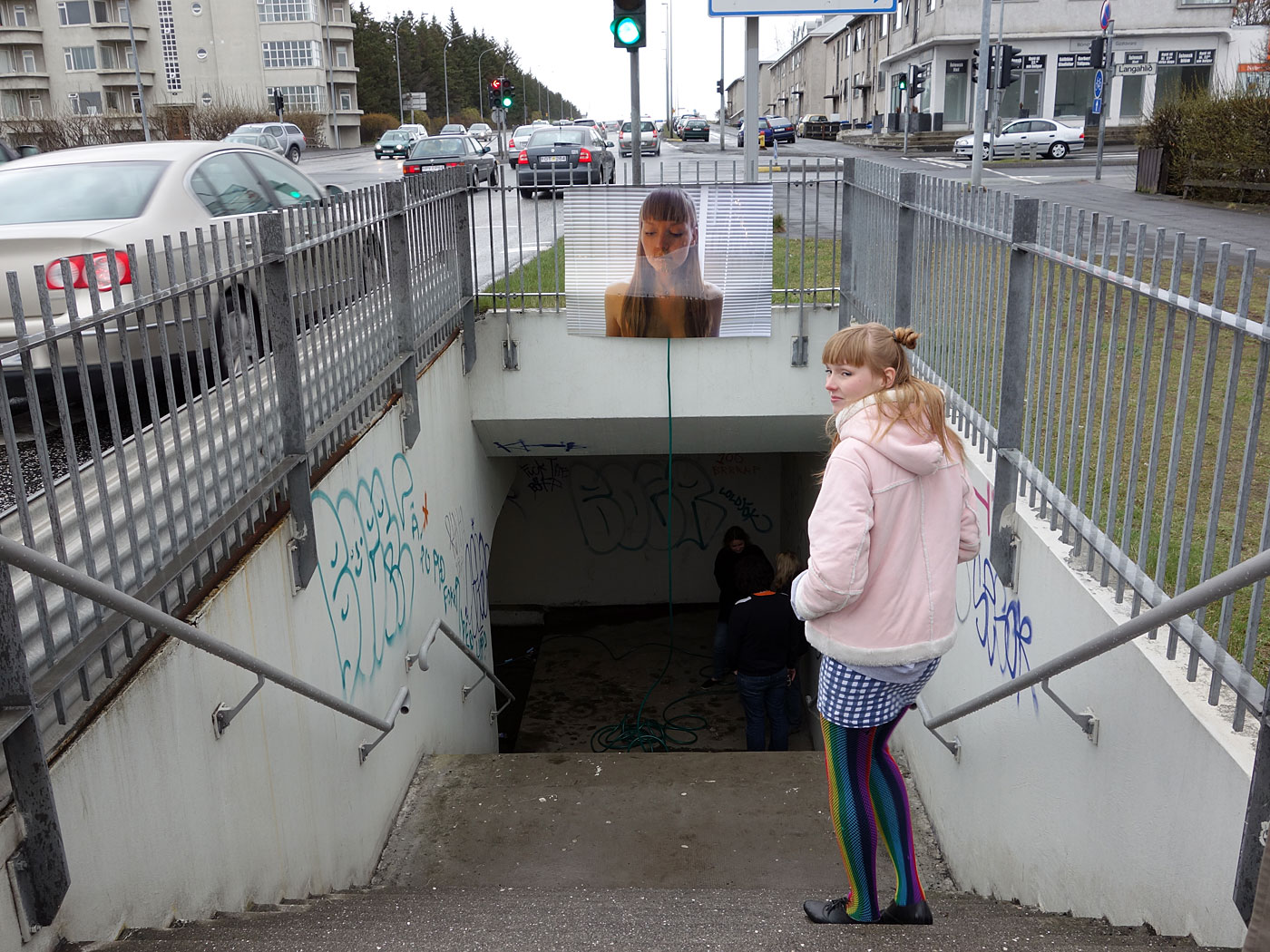 Reykjavík. 'Avant-garður 3' under a street. - The entrance to the underpass for pedestrians - or to the exhibition '<a href='https://www.facebook.com/events/142453915939739/' target='_blank' class='linksnormal'>Avant-garður 3</a>' by  Solveig Thoroddsen and Margrét Sesseljudóttir (right). It was standing for (just) 2 hours - from 4 pm until 6 pm under Miklabraut street. Garður = garden. (11 May 2013)