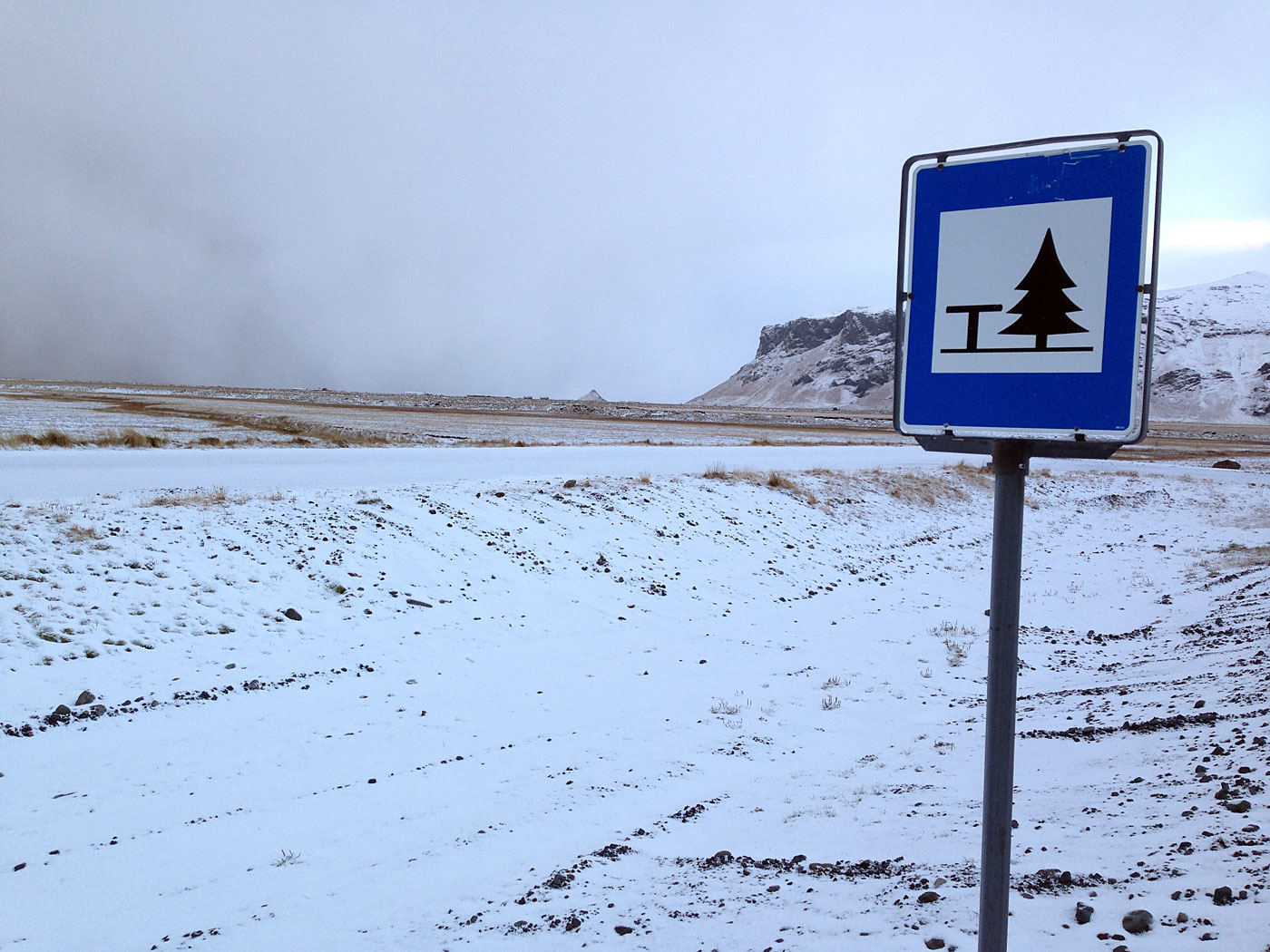 Vík  Reykjavík. - Wieder einmal: Eine Rast machen neben einem Baum. Weit und breit kein Baum zusehen. Warum hatte man denn nur dieses Hinweisschild mit Baumabbildung ausgewählt um auf Rastplätze hier in Island aufmerksam zu machen?! (17.11.2013)